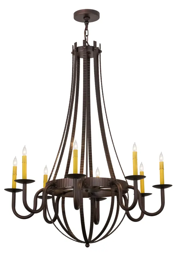 Elegant charm blends with rustic beauty. This chandelier is inspired by antique staves traditionally bound by metal hoops in the construction of beer/whisky barrels and wine casks. Warm Mahogany Bronze finished curved arms of Textured Solid Steel support graceful bobeches accented with eight Ivory faux candlelights, which line up like soldiers at attention in abeyance of the barrel to which they serve. This chandelier is ideal for lobbies, foyers, banquet rooms and reception areas. Custom crafted by Meyda artisans in our manufacturing facility upstate New York, this fixture is UL and cUL listed for damp and dry locations. Custom sizes, designs and finishes are available, as well as dimmable energy efficient lamping options such as LED. Collection: Barrel Stave Finish: Mahogany Bronze Glass: Amber Width: 38.00" Height: 53.00" Length: 38.00" Weight: 56.00 lb Number of Bulbs: 8 Maximum Wattage: 60.00 W Bulb Type: B10 Bulb Base: E12 Material: Steel Country of Origin: USA Safety Listing: Damp Safety Rating: Damp