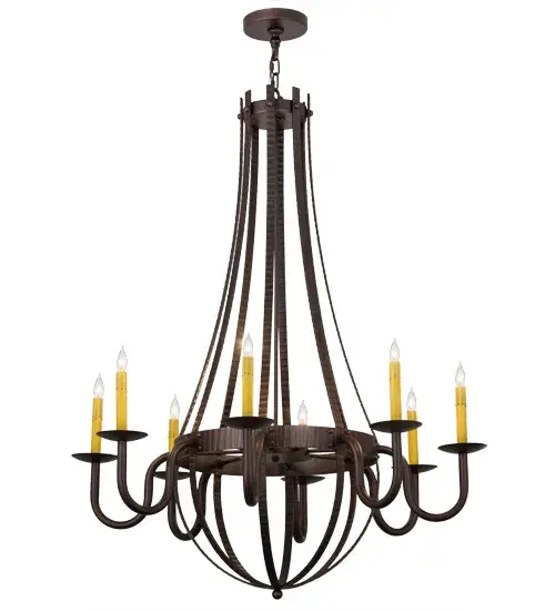 Elegant charm blends with rustic beauty. This chandelier is inspired by antique staves traditionally bound by metal hoops in the construction of beer/whisky barrels and wine casks. Warm Mahogany Bronze finished curved arms of Textured Solid Steel support graceful bobeches accented with eight Ivory faux candlelights, which line up like soldiers at attention in abeyance of the barrel to which they serve. This chandelier is ideal for lobbies, foyers, banquet rooms and reception areas. Custom crafted by Meyda artisans in our manufacturing facility upstate New York, this fixture is UL and cUL listed for damp and dry locations. Custom sizes, designs and finishes are available, as well as dimmable energy efficient lamping options such as LED. Collection: Barrel Stave Finish: Mahogany Bronze Glass: Amber Width: 38.00" Height: 53.00" Length: 38.00" Weight: 56.00 lb Number of Bulbs: 8 Maximum Wattage: 60.00 W Bulb Type: B10 Bulb Base: E12 Material: Steel Country of Origin: USA Safety Listing: Damp Safety Rating: Damp - alternate view