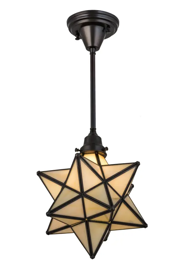 Like wishing upon a magical star in the sky, this decorative pendant is inspired by star lights that were originally believed to bring good luck to European homes hundreds of years ago. This unique fixture features a Star diffuser with a dozen points of light handcrafted with Beige Iridescent art glass. Custom crafted by Meyda artisans in the USA, this pendant is enhanced with a frame and hardware featured in a Craftsman Brown finish. Custom sizes, styles, colors and dimmable lamping options such as LED are available. The fixture is UL and cUL listed for damp and dry locations. Collection: Moravian Star Finish: Craftsman Brown Glass: Beige Iridescent Glass Width: 12.00" Height: 24.50" Length: 12.00" Weight: 4.50 lb Number of Bulbs: 1 Maximum Wattage: 60.00 W Bulb Type: B10 Bulb Base: E12 Material: Metal Country of Origin: USA Safety Listing: Damp Safety Rating: Damp