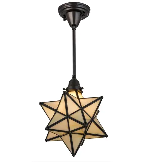 Like wishing upon a magical star in the sky, this decorative pendant is inspired by star lights that were originally believed to bring good luck to European homes hundreds of years ago. This unique fixture features a Star diffuser with a dozen points of light handcrafted with Beige Iridescent art glass. Custom crafted by Meyda artisans in the USA, this pendant is enhanced with a frame and hardware featured in a Craftsman Brown finish. Custom sizes, styles, colors and dimmable lamping options such as LED are available. The fixture is UL and cUL listed for damp and dry locations. Collection: Moravian Star Finish: Craftsman Brown Glass: Beige Iridescent Glass Width: 12.00" Height: 24.50" Length: 12.00" Weight: 4.50 lb Number of Bulbs: 1 Maximum Wattage: 60.00 W Bulb Type: B10 Bulb Base: E12 Material: Metal Country of Origin: USA Safety Listing: Damp Safety Rating: Damp - alternate view