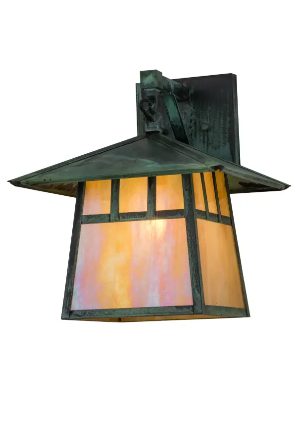 Custom made from Solid Brass; a stunning Craftsman Signature design statement is evoked with a dramatic Mission styled straight line design. Highlighted with Beige Iridescent art glass and a frame; decorative accents and hardware featured in a Verdigris finish; this wall sconce is ideal for indoor and outdoor lighting applications in residential and commercial environments.The fixture is handcrafted by Meyda artisans in the Yorkville; NY manufacturing facilities in the USA.Custom colors; designs; sizes and dimmable energy efficient lamping options such as LED are available.The fixture is UL and cUL listed for dry and wet locations.
