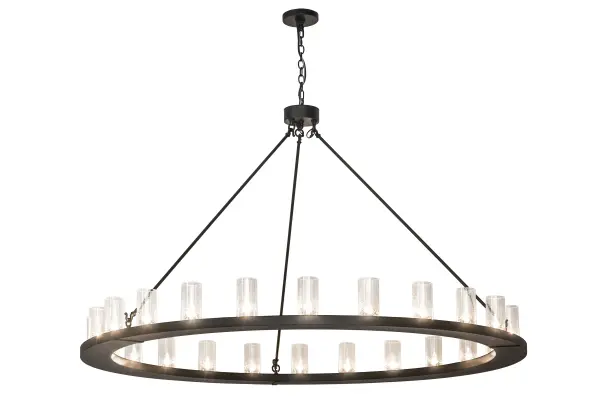 Blending an elegant style with a classic distinguished look, Loxley is custom crafted with 24 Clear Seeded Glass Cylindres perched on a smooth, circular frame, which is featured, in a Black Textured finish. The chandelier is ideal for illuminating lobbies, conference rooms, entryways and other large residential and commercial spaces. The fixture is handcrafted by our artisans in our manufacturing facility in Yorkville, New York. Custom colors, styles and sizes are available, as well as dimmable energy efficient lamping options such as LED. The chandelier is UL and cUL listed for damp and dry locations. Collection: Loxley Finish: Textured Black Glass: Clear Seeded Glass Width: 72.00" Height: 49.00" Length: 72.00" Weight: 99.00 lb Number of Bulbs: 24 Maximum Wattage: 40.00 W Bulb Type: F15 Bulb Base: E26 Material: Steel Country of Origin: USA Safety Listing: Damp Safety Rating: Damp