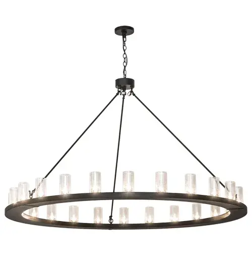 Blending an elegant style with a classic distinguished look, Loxley is custom crafted with 24 Clear Seeded Glass Cylindres perched on a smooth, circular frame, which is featured, in a Black Textured finish. The chandelier is ideal for illuminating lobbies, conference rooms, entryways and other large residential and commercial spaces. The fixture is handcrafted by our artisans in our manufacturing facility in Yorkville, New York. Custom colors, styles and sizes are available, as well as dimmable energy efficient lamping options such as LED. The chandelier is UL and cUL listed for damp and dry locations. Collection: Loxley Finish: Textured Black Glass: Clear Seeded Glass Width: 72.00" Height: 49.00" Length: 72.00" Weight: 99.00 lb Number of Bulbs: 24 Maximum Wattage: 40.00 W Bulb Type: F15 Bulb Base: E26 Material: Steel Country of Origin: USA Safety Listing: Damp Safety Rating: Damp - alternate view