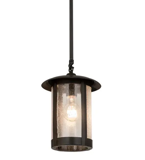 Handcrafted of Solid Brass, this handsome lantern is designed with stunning Clear Seeded glass and cylindrical shaped hardware finished in a warm Craftsman Brown. This Signature Craftsman fixture is UL and cUL listed for a wide range of interiors and exteriors. Custom crafted by Meyda artisans in the USA, the pendant is available in a variety of custom sizes, styles, colors and dimmable energy efficient lamping options such as LED. Collection: Fulton Finish: Craftsman Brown Craftsman Brown Glass: Clear Seeded Art Glass Width: 8.00" Height: 48.00" Length: 8.00" Weight: 2.00 lb Number of Bulbs: 1 Maximum Wattage: 60.00 W Bulb Type: A19 Bulb Base: E26 Material: Metal Country of Origin: USA Safety Listing: Wet Safety Rating: Wet - alternate view