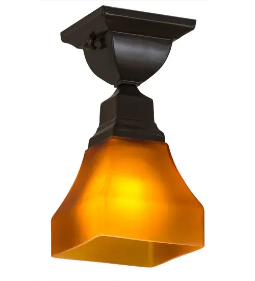 This stunning Bungalow styled ceiling fixture projects soft ambient light through a single shapely Frosted Amber art glass diffuser, which is complemented with handsome hardware featured in a Timeless Bronze finish.This fixture, which can be used as a decorative luminaire in small entries, hallways and vestibules, is handcrafted in the Meyda manufacturing facility in Upstate New York.Custom colors, designs, sizes and dimmable energy-efficient lamping options are available. The flushmount is UL and cUL listed for damp and dry locations. Collection: Bungalow Sub-Brand: ,,,,,,,,,,,,,,,, Finish: Timeless Bronze Glass: Frosted Amber Glass Width: 7.00" Height: 10.50" Length: 5.00" Weight: 1.50 lb Number of Bulbs: 1 Maximum Wattage: 60.00 W Bulb Type: A15 Bulb Base: E26 Material: Metal Country of Origin: CHINA Safety Listing: Damp Safety Rating: Damp - alternate view
