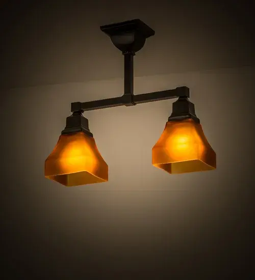 This stunning Bungalow styled ceiling fixture projects soft ambient light through two shapely Amber Frosted art glass diffusers; which are complemented with handsome hardware featured in a Timeless Bronze finish.This fixture; which can be used as a decorative luminaire for any room in residential and commercial settings; is handcrafted in the Meyda manufacturing facility in Upstate New York.Custom colors; designs; sizes and dimmable energy-efficient lamping options are available. UL and cUL listed for damp and dry locations.