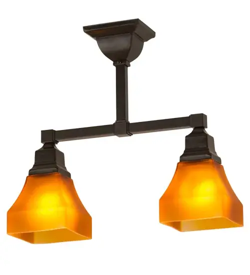 This stunning Bungalow styled ceiling fixture projects soft ambient light through two shapely Amber Frosted art glass diffusers; which are complemented with handsome hardware featured in a Timeless Bronze finish.This fixture; which can be used as a decorative luminaire for any room in residential and commercial settings; is handcrafted in the Meyda manufacturing facility in Upstate New York.Custom colors; designs; sizes and dimmable energy-efficient lamping options are available. UL and cUL listed for damp and dry locations. - alternate view