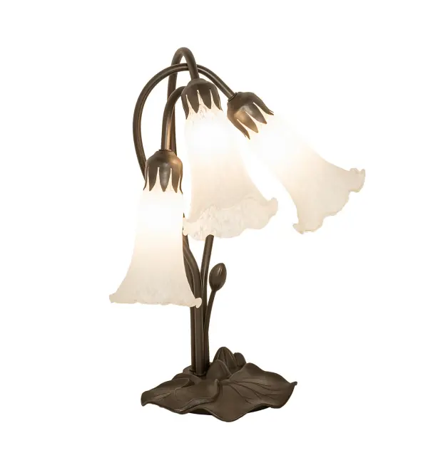 Inspired by Tiffany's famous Pond Lily design from the early 1900s... This table lamp is created with three mouth blown shades featuring White art glass. The Pond Lily shades are embraced by an elegant Cast Metal Base featuring a Mahogany Bronze finish. The Pond Lily Table Lamp is included in our American designed, handcrafted Favrile Lighting Collection. UL and cUL listed for dry locations. Each shade is a unique work of art with color variations based on natural ingredients inherent in the glass. Contact us if color matching is critical when ordering multiple items. Collection: White Finish: Mahogany Bronze Glass: White Width: 13.00" Height: 16.00" Length: 13.00" Weight: 5.00 lb Number of Bulbs: 3 Maximum Wattage: 15.00 W Bulb Type: B10 Bulb Base: E12 Material: Zinc/Steel Country of Origin: CHINA Safety Rating: Dry