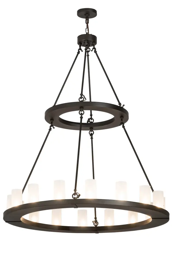 Blending an elegant style with a classic distinguished look, Loxley is custom crafted with 16 Clear Frosted Glass Cylindres perched on a smooth, circular frame, which is featured, in an Oil Rubbed Bronze finish. The chandelier is ideal for illuminating lobbies, conference rooms, entryways and other large residential and commercial spaces. The fixture is handcrafted by our artisans in the USA, in our manufacturing facility in Yorkville, New York. Custom colors, styles and sizes are available, as well as dimmable energy efficient lamping options such as LED. The fixture is UL and cUL listed for damp and dry locations. Collection: Loxley Finish: Oil Rubbed Bronze Glass: Frosted Clear Glass Width: 48.00" Height: 63.00" Length: 48.00" Weight: 80.00 lb Extension from Wall: 11.75" Number of Bulbs: 16 Maximum Wattage: 60.00 W Bulb Type: BA10 Bulb Base: E26 Material: Steel Country of Origin: USA Safety Listing: Damp Safety Rating: Damp
