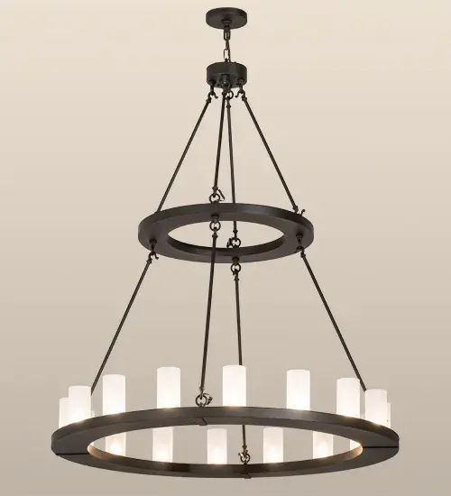 Blending an elegant style with a classic distinguished look, Loxley is custom crafted with 16 Clear Frosted Glass Cylindres perched on a smooth, circular frame, which is featured, in an Oil Rubbed Bronze finish. The chandelier is ideal for illuminating lobbies, conference rooms, entryways and other large residential and commercial spaces. The fixture is handcrafted by our artisans in the USA, in our manufacturing facility in Yorkville, New York. Custom colors, styles and sizes are available, as well as dimmable energy efficient lamping options such as LED. The fixture is UL and cUL listed for damp and dry locations. Collection: Loxley Finish: Oil Rubbed Bronze Glass: Frosted Clear Glass Width: 48.00" Height: 63.00" Length: 48.00" Weight: 80.00 lb Extension from Wall: 11.75" Number of Bulbs: 16 Maximum Wattage: 60.00 W Bulb Type: BA10 Bulb Base: E26 Material: Steel Country of Origin: USA Safety Listing: Damp Safety Rating: Damp - alternate view