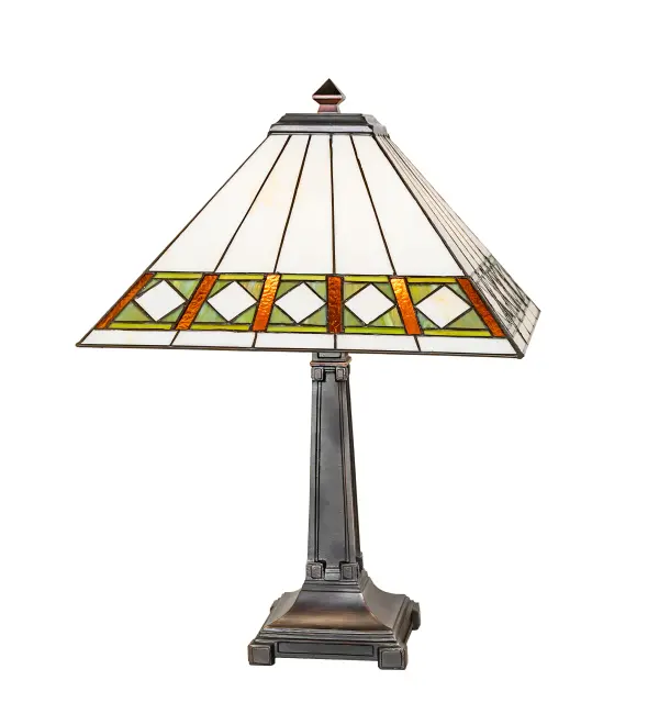 Simple clean lines and geometric shapes are the hallmark of the Mission style. This sleek Bisque Beige stained glass shade features a simple; elegant diamond pattern in Beige accented with Amber; Jade and Peridot borders. This stunning shade is created with the famous Meyda Tiffany copperfoil construction technique and complemented with a Mahogany Bronze finish. The Diamond Band Mission Table Lamp is included in our American designed; handcrafted Mission Lighting Collection. UL and cUL listed for dry locations. Each shade is a unique work of art with color variations based on natural ingredients inherent in the glass. Contact us if color matching is critical when ordering multiple items.