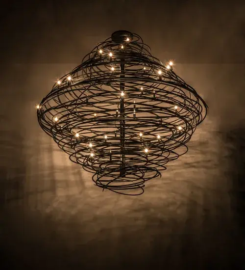 The bold; eye-catching Cyclone simulates whirling winds of energy and gyration with twisting steel that is accentuated with 36 delicately placed beacons to help you weather the storm. The winding mass of steel surrounds a sturdy post; all featured in our Starry Night finish. Make an impressive design statement that will wow guests in lobbies; conference rooms; entryways and other residential and commercial spaces. Custom crafted in our 180;000 square foot manufacturing facility in Yorkville; New York. Custom colors; styles and sizes are available; as well as dimmable energy efficient lamping options such as LED. UL and cUL listed for damp and dry locations.