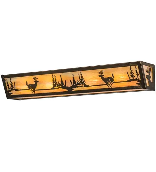 Natural charm is captured beautifully with this striking design of two young bucks scampering past a woodland lake.Beautiful ambient lighting is diffused through Beige Iridescent art glass, which is enhanced by decorative accents, frame and matching hardware in an Antique Copper finish. The fixture is ideal as a vanity light in a fine bath or as a wall sconce in corridors and other rooms.This wall fixture is handcrafted in the Meyda manufacturing facility, which is located at the foothills of the Adirondack Mountains.Additional wildlife and custom designs available, as well as energy efficient lamping options such as LED.The fixture is UL and cUL listed for damp and dry locations. Collection: Deer At Lake Finish: Antique Copper Glass: Beige Iridescent Glass Width: 30.00" Height: 4.50" Length: 5.50" Weight: 8.00 lb Extension from Wall: 5.50" Number of Bulbs: 4 Maximum Wattage: 60.00 W Bulb Type: A19 Bulb Base: E26 Material: Steel Country of Origin: USA Safety Listing: Damp Safety Rating: Damp - alternate view