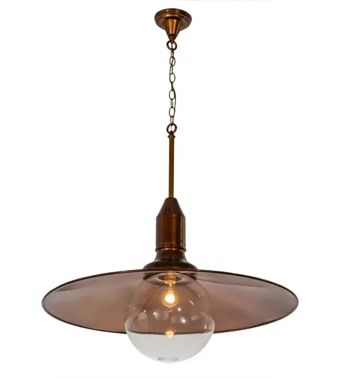 Combining an industrial look with the stylish design of an urban loft, Schotel adds a dash of charm to a minimalistic design with a Clear Glass Orb diffuser topped with a reflector that projects downward light. The reflector, finial and hardware are featured in a Transparent Copper finish. Ideal for illumination from a single monopoint or aligned with other pendants in a row, Schotel can provide dependable functional illumination while lighting baths, kitchen counters and commercial spaces with an18-watt LED lamp which delivers energy savings, reduced maintenance and long life. UL and cUL listed for damp and dry locations. Custom styles, finishes and sizes are available, as well as dimmable lamping options. UL and cUL listed for damp and dry locations. Collection: Schotel Finish: Transparent Copper Glass: Clear Glass Width: 32.00" Height: 39.00" Length: 32.00" Weight: 25.00 lb Number of Bulbs: 1 Maximum Wattage: 18.00 W Bulb Type: A19 Bulb Base: E26 Light Source: LED Color Temperature: 3000 K Material: Steel Country of Origin: USA Safety Listing: Damp Safety Rating: Damp LED - alternate view