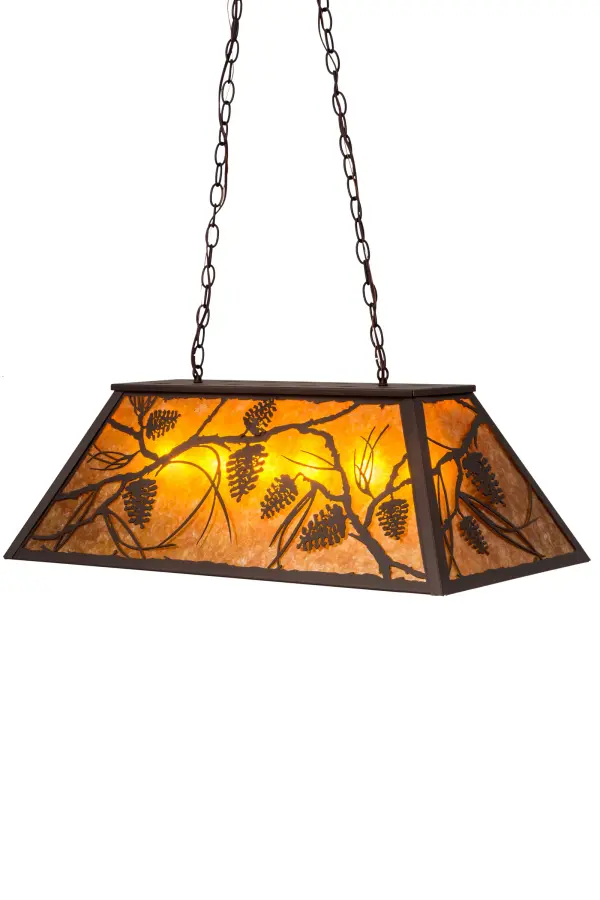 Listen closely. You can almost hear the soft whisper of the pine branches as they dance in the wind. Enjoy the ambiance of soft beautiful light diffused through Amber Mica, which features stunning pinecone and tree branch designs in a Mahogany Bronze finish. This oblong pendant, which is handcrafted by Meyda artisans in Yorkville, New York at the foothills of the Adirondack Mountains, is perfect for illuminating billiard tables, counters, bars and islands. Custom sizes, styles and finishes are available, as well as dimmable energy efficient lamping options. The fixture is UL and cUL listed for damp and dry locations. Collection: Whispering Pines Finish: Mahogany Bronze Glass: Amber Mica Width: 17.00" Height: 18.00" Length: 33.00" Weight: 16.50 lb Extension from Wall: 17.00" Number of Bulbs: 6 Maximum Wattage: 60.00 W Bulb Type: A19 Bulb Base: E26 Material: Steel Country of Origin: USA Safety Listing: Damp Safety Rating: Damp