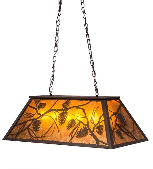 Listen closely. You can almost hear the soft whisper of the pine branches as they dance in the wind. Enjoy the ambiance of soft beautiful light diffused through Amber Mica, which features stunning pinecone and tree branch designs in a Mahogany Bronze finish. This oblong pendant, which is handcrafted by Meyda artisans in Yorkville, New York at the foothills of the Adirondack Mountains, is perfect for illuminating billiard tables, counters, bars and islands. Custom sizes, styles and finishes are available, as well as dimmable energy efficient lamping options. The fixture is UL and cUL listed for damp and dry locations. Collection: Whispering Pines Finish: Mahogany Bronze Glass: Amber Mica Width: 17.00" Height: 18.00" Length: 33.00" Weight: 16.50 lb Extension from Wall: 17.00" Number of Bulbs: 6 Maximum Wattage: 60.00 W Bulb Type: A19 Bulb Base: E26 Material: Steel Country of Origin: USA Safety Listing: Damp Safety Rating: Damp - alternate view