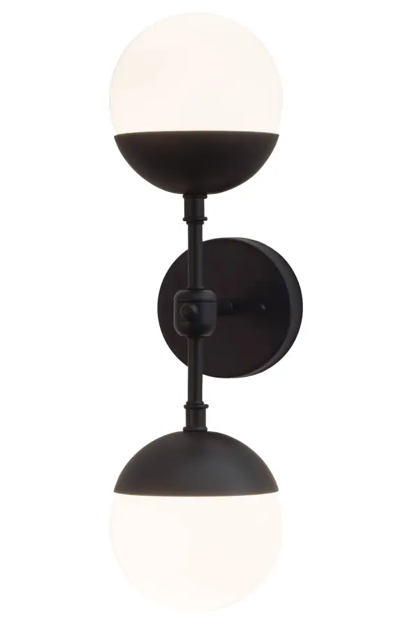 Bold; eyecatching appeal integrates two classic contoured orbs in a vertical configuration for luxurious distinction. This innovative wall luminaire features White art glass shades embraced with hardware and connection bar with decorative accents in a Satin Black Wrought Iron finish. The fixture is handcrafted by highly skilled artisans in the USA. Custom styles; colors and sizes are available; as well as dimmable energy efficient lamping options such as LED. This unique sconce is UL and cUL listed for damp and dry locations.