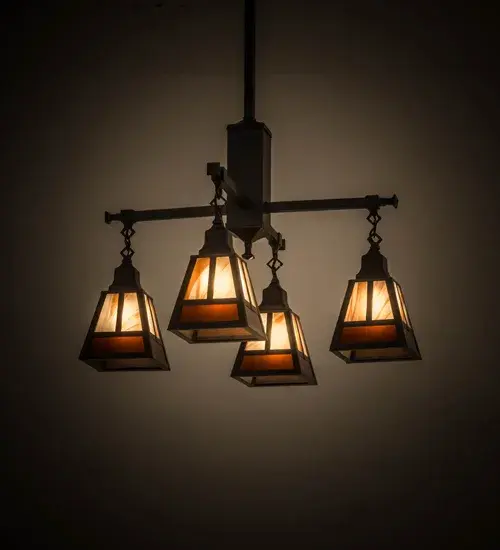 This striking four light chandelier is inspired by the Arts and Crafts movement. The stunning Mission straight line design is featured in Amber art glass with Cinnamon Swirl Glass accents; and embraced by a Solid Brass frame and hardware in an Antique Brass finish. The ceiling fixture is perfect for a broad range of interior lighting applications. Handcrafted by Meyda artisans in the Yorkville; NY manufacturing facilities at the foothills of the Adirondack Mountains; this chandelier is available in custom sizes; styles; colors and dimmable energy efficient lamping options such as LED. The fixture is UL and cUL listed for dry and damp locations.