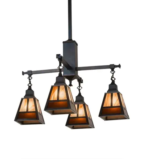 This striking four light chandelier is inspired by the Arts and Crafts movement. The stunning Mission straight line design is featured in Amber art glass with Cinnamon Swirl Glass accents; and embraced by a Solid Brass frame and hardware in an Antique Brass finish. The ceiling fixture is perfect for a broad range of interior lighting applications. Handcrafted by Meyda artisans in the Yorkville; NY manufacturing facilities at the foothills of the Adirondack Mountains; this chandelier is available in custom sizes; styles; colors and dimmable energy efficient lamping options such as LED. The fixture is UL and cUL listed for dry and damp locations. - alternate view
