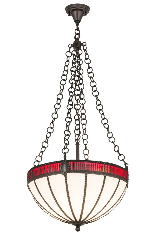 Embrace the romantic, timeless look of this classic art glass lighting design. This Gothic Pendant features a hand-curved White Opal Glass inverted shade complemented with Red Cathedral glass trim. The shade is complemented with Weathered Antique Brass cameos, accents and hardware. The Quality Bent Glass division of Meyda Tiffany Lighting is over 100 years in the making. Today we are still creating timeless masterpieces using tools and methods from the days when we supplied Tiffany Studios. Glass colors and metal finishes are customizable as each Tiffany Bent Panel fixture is handcrafted to order. Handmade in our 180,000 square foot manufacturing facility in Yorkville, New York. UL and cUL listed for dry and damp locations. Collection: Gothic Finish: Weathered Antique Brass Glass: White Opal & Red Cathedral Ripple Art Glass Width: 20.00" Height: 48.00" Length: 20.00" Weight: 16.50 lb Number of Bulbs: 4 Maximum Wattage: 60.00 W Bulb Type: A19 Bulb Base: Medium Material: Brass/Zinc Country of Origin: USA Safety Listing: Damp Safety Rating: Damp