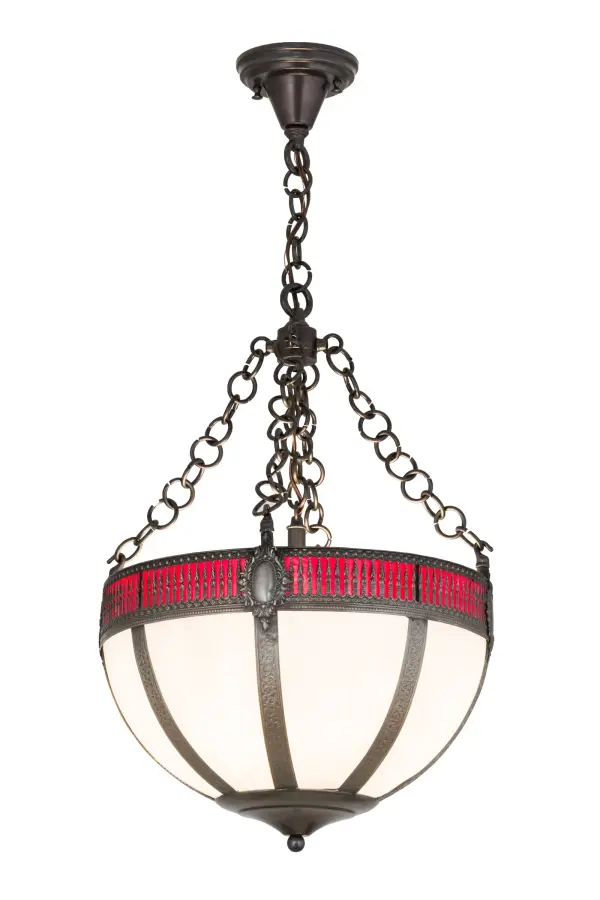 Invite rich Gothic beauty and luxurious charm into any home; hotel; restaurant; retail or commercial space with this unique decorative pendant. White art glass panels are high fired and curved; and enhanced with a Red glass border. The shade is trimmed with a rope-like border accents in an Antique Brass finish; to coordinate with matching Solid Brass decorative accents; frame and hardware. This fixture is handcrafted in the Meyda manufacturing facilities by highly skilled artisans in Upstate New York using techniques; tools and molds that date back to the early 1900s. Custom colors; sizes and styles are available; as well as dimmable energy efficient lamping options such as LED. The pendant is UL and cUL listed for damp and dry locations.