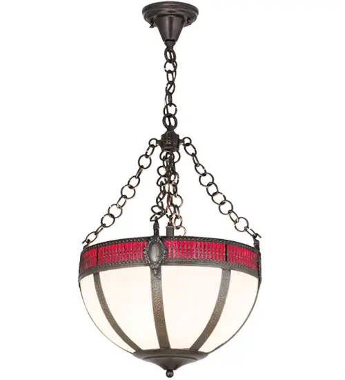 Invite rich Gothic beauty and luxurious charm into any home; hotel; restaurant; retail or commercial space with this unique decorative pendant. White art glass panels are high fired and curved; and enhanced with a Red glass border. The shade is trimmed with a rope-like border accents in an Antique Brass finish; to coordinate with matching Solid Brass decorative accents; frame and hardware. This fixture is handcrafted in the Meyda manufacturing facilities by highly skilled artisans in Upstate New York using techniques; tools and molds that date back to the early 1900s. Custom colors; sizes and styles are available; as well as dimmable energy efficient lamping options such as LED. The pendant is UL and cUL listed for damp and dry locations. - alternate view