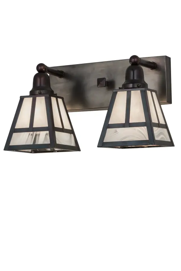 Handcrafted from Solid Brass, this handsome Craftsman Signature fixture is inspired by the Arts and Crafts movement. This fixture features two shades with White opalescent glass on top and White Baroque Swirl glass on the bottom. Each shade is highlighted with a striking Mission straight line design and complemented with hardware and decorative accents highlighted in an Antique Brass finish. The luminaire is perfect for a vanity light in fine baths or as a wall sconce in corridors and other areas. Handcrafted by Meyda artisans in the Yorkville, NY manufacturing facilities. Custom sizes, styles, colors and dimmable energy efficient lamping options are available. The fixture is UL and cUL listed for dry, damp, and wet locations. Collection: T" Mission" Finish: Weathered Antique Brass Glass: White Baroque Swirl/White Opaque Width: 17.00" Height: 10.00" Length: 9.00" Weight: 7.00 lb Extension from Wall: 9.00" Number of Bulbs: 2 Maximum Wattage: 60.00 W Bulb Type: A19 Bulb Base: E26 Material: Brass Country of Origin: USA Safety Listing: Wet Safety Rating: Wet