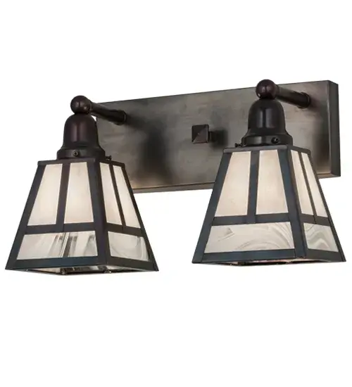 Handcrafted from Solid Brass, this handsome Craftsman Signature fixture is inspired by the Arts and Crafts movement. This fixture features two shades with White opalescent glass on top and White Baroque Swirl glass on the bottom. Each shade is highlighted with a striking Mission straight line design and complemented with hardware and decorative accents highlighted in an Antique Brass finish. The luminaire is perfect for a vanity light in fine baths or as a wall sconce in corridors and other areas. Handcrafted by Meyda artisans in the Yorkville, NY manufacturing facilities. Custom sizes, styles, colors and dimmable energy efficient lamping options are available. The fixture is UL and cUL listed for dry, damp, and wet locations. Collection: T" Mission" Finish: Weathered Antique Brass Glass: White Baroque Swirl/White Opaque Width: 17.00" Height: 10.00" Length: 9.00" Weight: 7.00 lb Extension from Wall: 9.00" Number of Bulbs: 2 Maximum Wattage: 60.00 W Bulb Type: A19 Bulb Base: E26 Material: Brass Country of Origin: USA Safety Listing: Wet Safety Rating: Wet - alternate view