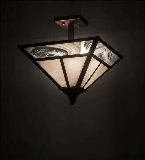 This stunning Craftsman styled ceiling fixture is inspired by the Arts and Crafts movement. The striking Mission straight line design is featured in White art glass; which is complemented with a White Baroque glass border. The Solid Brass frame; decorative accents and hardware are featured in an Antique Brass finish. The fixture is handcrafted by Meyda artisans in the Yorkville; NY manufacturing facilities; at the foothills of the Adirondack Mountains. Custom sizes; styles; colors and lamping options such as LED are available. The fixture is UL and cUL listed for damp and dry locations.