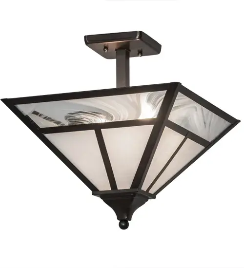 This stunning Craftsman styled ceiling fixture is inspired by the Arts and Crafts movement. The striking Mission straight line design is featured in White art glass; which is complemented with a White Baroque glass border. The Solid Brass frame; decorative accents and hardware are featured in an Antique Brass finish. The fixture is handcrafted by Meyda artisans in the Yorkville; NY manufacturing facilities; at the foothills of the Adirondack Mountains. Custom sizes; styles; colors and lamping options such as LED are available. The fixture is UL and cUL listed for damp and dry locations. - alternate view