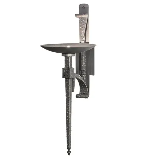 Inspired by historic European castles; this classic fixture is made from Solid Steel with a textured Antique Brass finish. The sconce is designed with a matching spike and backplate. This sconce is shown with a 50 watt halogen bulb; however dimmable energy efficient lamping options are available. Handcrafted by highly skilled artisans in our 180;000 square foot manufacturing facility in Yorkville; New York. Options include custom sizes; styles and colors. UL and cUL listed for damp and dry locations. - alternate view