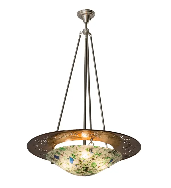 Contemporary, fun, elegant and creative.Nothing compares to this stunning art piece, which features high-fired fused glass in Leaf and Avocado Greens and Cerulean and Azure Blues on a White background.The frame design features an explosion of satellites, stars and planets in Transparent Copper finish, which is complemented with Copper finished hardware.Endless custom color, design and size options, as well as dimmable energy efficient lamping including LED, are available. Handmade in the USA at Meyda's manufacturing facilities, this fixture is UL and cUL listed for damp and dry locations. Collection: Metro Fusion Finish: Transparent Copper Glass: Fused Glass Width: 31.00" Height: 48.00" Length: 31.00" Weight: 27.00 lb Number of Bulbs: 3 Maximum Wattage: 60.00 W Bulb Type: A19 Bulb Base: Medium Material: Steel Country of Origin: USA Safety Listing: Damp Safety Rating: Damp