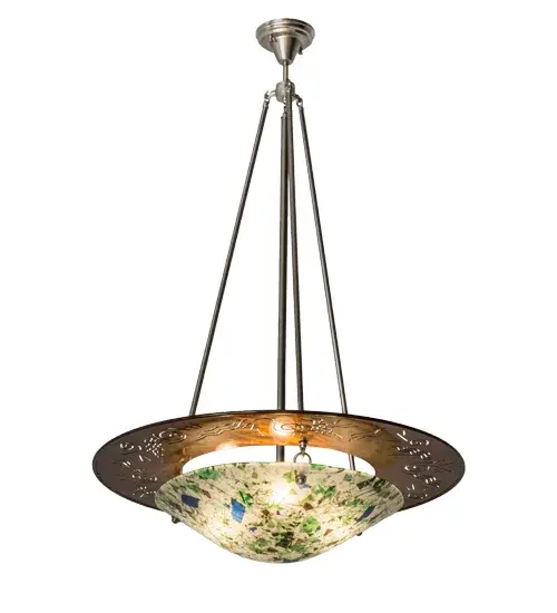 Contemporary, fun, elegant and creative.Nothing compares to this stunning art piece, which features high-fired fused glass in Leaf and Avocado Greens and Cerulean and Azure Blues on a White background.The frame design features an explosion of satellites, stars and planets in Transparent Copper finish, which is complemented with Copper finished hardware.Endless custom color, design and size options, as well as dimmable energy efficient lamping including LED, are available. Handmade in the USA at Meyda's manufacturing facilities, this fixture is UL and cUL listed for damp and dry locations. Collection: Metro Fusion Finish: Transparent Copper Glass: Fused Glass Width: 31.00" Height: 48.00" Length: 31.00" Weight: 27.00 lb Number of Bulbs: 3 Maximum Wattage: 60.00 W Bulb Type: A19 Bulb Base: Medium Material: Steel Country of Origin: USA Safety Listing: Damp Safety Rating: Damp - alternate view