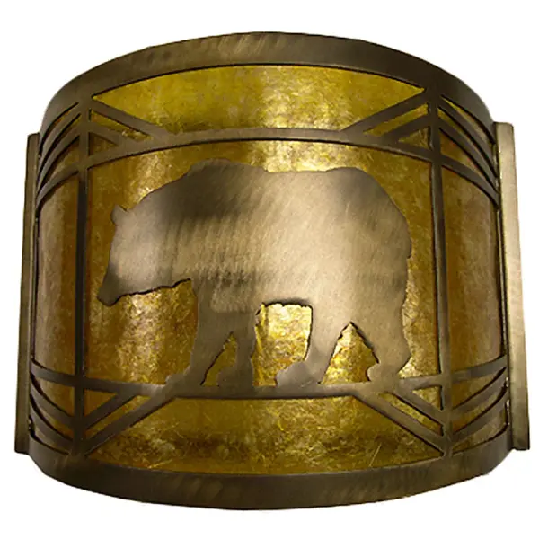 A Black Bear in a diamond pattern is featured on this nature inspired wall sconce. Illuminated through Amber mica panels, the fixture has Antique Copper and is handcrafted in the USA by Meyda artisans. Collection: Lone Bear Finish: Antique Copper Glass: Amber Mica Width: 12.00" Height: 9.00" Length: 5.00" Weight: 4.50 lb Extension from Wall: 5.00" Number of Bulbs: 1 Maximum Wattage: 60.00 W Bulb Type: A19 Bulb Base: E26 Material: Steel Country of Origin: USA Safety Listing: Dry Safety Rating: Dry