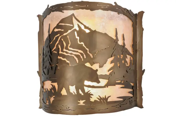 A majestic Bear wanders to the mountain creek for a refreshing drink as the morning sun rises above the mountainside. Pleasant ambient light projects through warm Silver Mica; which is complemented with hardware and decorative accents featured in an Antique Copper finish. This fixture is complemented by the matching Bear Creek Left Wall Sconce; model 284472. The Bear Creek Wall Sconces are included in our American-made; American-designed; handcrafted Nature Inspired Lighting Collection and manufactured in Yorkville; NY. UL and cUL listed for dry and damp locations. Upstate New York's adventurous playland; known as the Adirondack Mountains; with its many breathtaking forests; lakes; and rivers; is the spiritual birthplace of Meyda and inspires our rustic-themed mica collections.