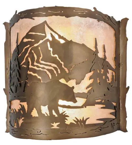 A majestic Bear wanders to the mountain creek for a refreshing drink as the morning sun rises above the mountainside. Pleasant ambient light projects through warm Silver Mica; which is complemented with hardware and decorative accents featured in an Antique Copper finish. This fixture is complemented by the matching Bear Creek Left Wall Sconce; model 284472. The Bear Creek Wall Sconces are included in our American-made; American-designed; handcrafted Nature Inspired Lighting Collection and manufactured in Yorkville; NY. UL and cUL listed for dry and damp locations. Upstate New York's adventurous playland; known as the Adirondack Mountains; with its many breathtaking forests; lakes; and rivers; is the spiritual birthplace of Meyda and inspires our rustic-themed mica collections. - alternate view