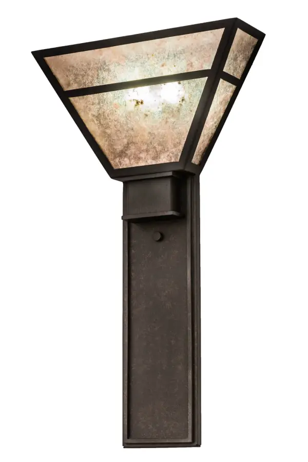 This handsome minimalist design features welcoming ambient light evoked through a Silver Mica diffuser, which is enhanced with a Mission styled straight line design. The diffuser is complemented with decorative accents and hardware that are featured in a warm Chestnut finish. This stunning wall fixture is handcrafted by our artisans in the USA. Custom colors, sizes and styles are available. Energy efficient options such as LED are offered. UL and cUL listed for damp and dry locations. Collection: Bryce Finish: Chestnut Glass: Silver Mica Width: 14.00" Height: 24.00" Length: 4.00" Weight: 6.00 lb Extension from Wall: 4.00" Number of Bulbs: 2 Maximum Wattage: 7.00 W Bulb Type: B10 Bulb Base: E12 Light Source: LED Color Temperature: 3000 K Material: Steel Country of Origin: USA Safety Listing: Damp Safety Rating: Damp LED