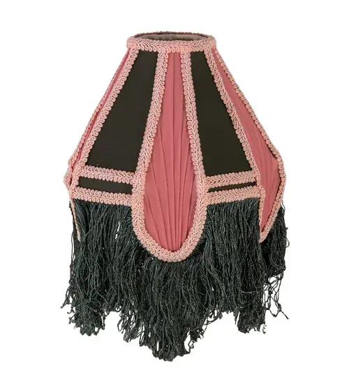 This Victorian inspired shade adds a touch of elegance to your home. An exquisite Gray Fabric design is accented with soft Pink Pleated Panels. This handmade fabric shade is enhanced with Green and White beaded glass fringe trim which is knotted across a gracefully curving form. The shade can be paired with a base to create a stunning table lamp or built with hardware to make a beautiful ceiling or wall fixture. Collection: Margaret Glass: Hunter/Pink Width: 10.00" Height: 15.00" Length: 10.00" Weight: 2.00 lb Material: Steel Country of Origin: CHINA Safety Listing: Dry Safety Rating: Dry