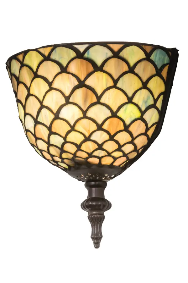 A Louis Comfort Tiffany studio classic, the classic Fishscale pattern is reproduced in variegated art glass of Honey dripped Emerald, Sapphire, and Garnet, evoking a unique dimensional and textured look in a rainbow of brilliant hues.This exquisite art glass shade, which is created using Meyda Tiffany's famous copperfoil construction process, is complemented with Mahogany Bronze hand finished hardware.The wall fixture will complement nearly any color or style of interiors. Custom sizes and styles are available, as well as dimmable energy efficient lamping options such as LED.This sconce is UL and cUL listed for damp and dry locations. Collection: Tiffany Fishscale Finish: Mahogany Bronze Glass: Jp Width: 7.75" Height: 8.00" Length: 4.25" Weight: 1.50 lb Extension from Wall: 4.25" Number of Bulbs: 1 Maximum Wattage: 60.00 W Bulb Type: BA10 Bulb Base: E12 Material: Steel Country of Origin: CHINA Safety Listing: Damp Safety Rating: Damp