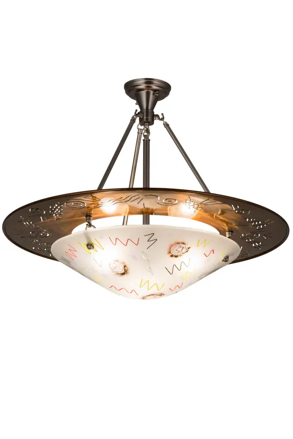 A explosion of satellites, stars and planets light up the Supernova inverted pendant fixture. The shade, spiked with swirls and squiggles is fused and formed in a hot kiln and suspended from a ring pierced with matching patterns. The hardware is finished in a Copper powder coat. Designed and created by Meyda artists and craftsmen, a fun contemporary fixture for your pleasure. Collection: Metro Fusion Finish: Copper Transparent Copper/Nickel Glass: Clear Frosted Fused Glass Width: 31.00" Height: 24.00" Length: 31.00" Weight: 24.00 lb Number of Bulbs: 3 Maximum Wattage: 60.00 W Bulb Type: A19 Bulb Base: E26 Material: Steel Country of Origin: USA Safety Listing: Damp Safety Rating: Damp