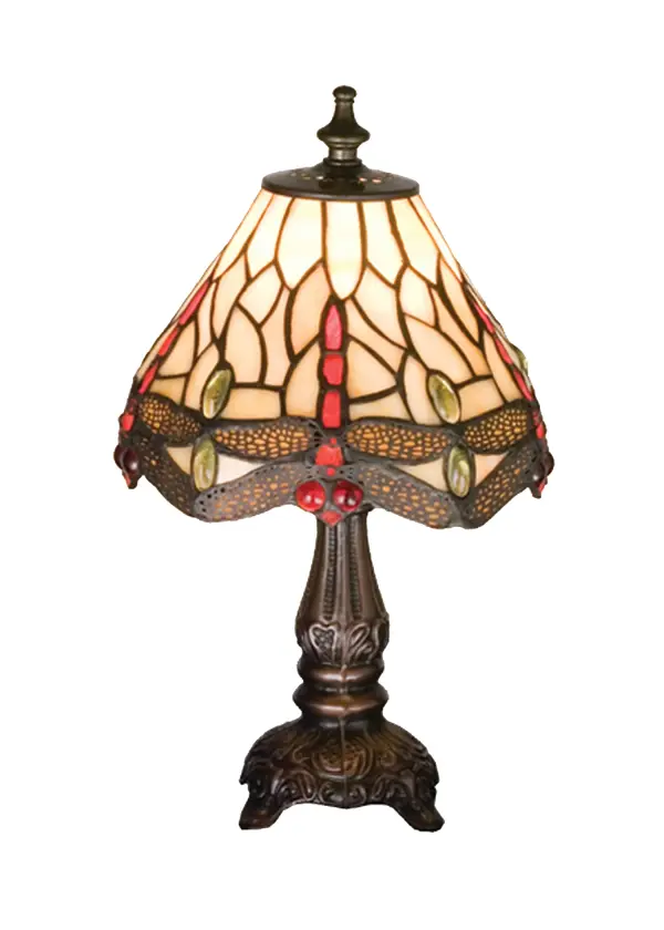 Scarlet dragonflies with glowing jeweled eyes and filigree topped amber wings; dive over a Bone Beige background dappled with Scarlet; Clear and Amber jewels. This mini lamp is finished in a warm hand applied Mahogany Bronze.