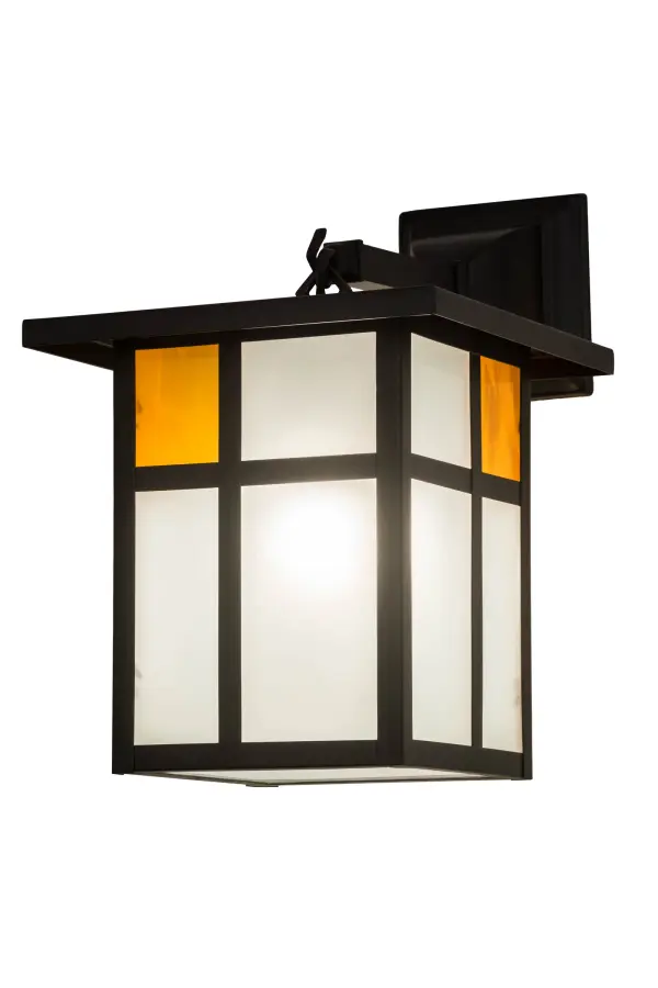 Custom crafted of Solid Brass, this criss-cross straight line design is inspired by the Mission movement. This handsome American-made Craftsman Signature lantern comes to light through Contrail Mist Idalight featured on the side panels and the bottom diffuser. Honey Wispy art glass accents the side panels of this sconce while the hardware and frame are featured in a bold Solar Black finish. Designed for both indoor and outdoor applications, the fixture is handcrafted by Meyda artisans in the Yorkville, NY manufacturing facility at the foothills of the spectacular Adirondack Mountains. The fixture is offered with custom sizes, styles, colors and dimmable energy efficient lamping options such LED. UL and cUL listed for dry and wet locations. Collection: Hyde Park Finish: Solar Black Powdercoated Glass: Has/Clear Frosted Inside Width: 9.00" Height: 13.25" Length: 12.50" Weight: 6.00 lb Extension from Wall: 12.50" Number of Bulbs: 1 Maximum Wattage: 60.00 W Bulb Type: A19 Bulb Base: Medium Material: Steel Country of Origin: USA Safety Listing: Wet Safety Rating: Wet