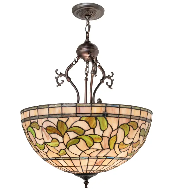 Subtle-toned Autumn Gold, Russet, and Moss Green leaves swirl against an Amber Mauve background in this Tiffany Studio stained glass reproduction. This lamp features a shade created using the famous Meyda Tiffany copperfoil construction process and complemented with an elegant cast metal base finished in Mahogany Bronze. The Tiffany Turning Leaf Inverted Pendant is included in our American-designed, handcrafted Stained Glass Lighting Collection. UL and cUL listed for dry and damp locations. Each shade is a unique work of art with color variations based on natural ingredients inherent in the glass. Contact us if color matching is critical when ordering multiple items. Collection: Tiffany Turning Leaf Finish: Mahogany Bronze Glass: Stained Glass Width: 20.00" Height: 35.00" Length: 20.00" Weight: 12.00 lb Number of Bulbs: 3 Maximum Wattage: 60.00 W Bulb Type: A19 Bulb Base: E26 Material: Steel Country of Origin: CHINA Safety Rating: Damp