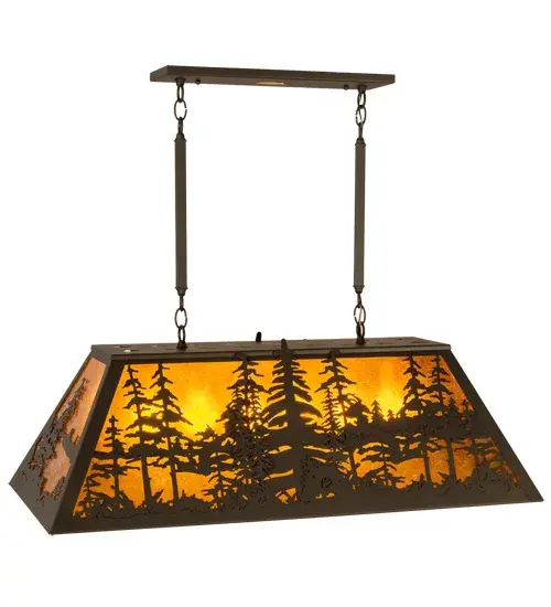 A stunning nature inspired design of Tall Pine trees is featured as the late afternoon sun lowers in the background. Soft ambient light is diffused beautifully through Amber Mica, which is complemented with Wrought Iron finished accents, hardware and frame. The pendant is ideal for illuminating your billiard table, island, counter, bar or other spaces. It is handcrafted in the Meyda manufacturing facility, which is located at the foothills of the spectacular Adirondack Mountains. Custom styles, colors, sizes and dimmable energy-efficient lamping such as LEDs are available. The fixture is UL and cUL listed for damp and dry locations. Collection: Tall Pines Finish: Wrought Iron Glass: Amber Mica Width: 36.00" Height: 30.50" Length: 17.00" Weight: 25.00 lb Extension from Wall: 17.00" Number of Bulbs: 6 Maximum Wattage: 60.00 W Bulb Type: A19 Bulb Base: E26 Material: Steel Country of Origin: USA Safety Listing: Damp Safety Rating: Damp - alternate view