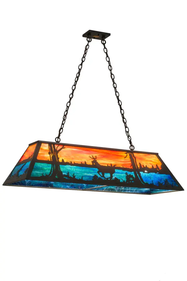 A stunning design depicts a Deer gracefully scampering across the lakeside woods as the glorious morning sun rises in the backdrop of this eye-catching scene. Beautiful ambient illumination shines brilliantly across a Sunburst colored art glass sky above gleaming Blue-Green glass waters. Timeless Bronze finished hardware complement this oblong pendant which is perfect for lighting an island, counter, bar, billiard table or other space. Handcrafted by Meyda artisans in our facility at the foothills of the breathtaking Adirondack Mountains, this design and others are available in custom sizes, profiles and colors. UL and cUL listed for damp and dry locations. Collection: Deer At Lake Finish: Timeless Bronze Glass: Oa Ebr Width: 17.00" Height: 18.00" Length: 48.00" Weight: 40.00 lb Extension from Wall: 17.00" Number of Bulbs: 6 Maximum Wattage: 60.00 W Bulb Type: A19 Bulb Base: E26 Material: Steel Country of Origin: USA Safety Listing: Damp Safety Rating: Damp