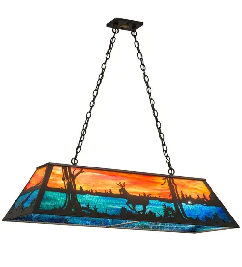 A stunning design depicts a Deer gracefully scampering across the lakeside woods as the glorious morning sun rises in the backdrop of this eye-catching scene. Beautiful ambient illumination shines brilliantly across a Sunburst colored art glass sky above gleaming Blue-Green glass waters. Timeless Bronze finished hardware complement this oblong pendant which is perfect for lighting an island, counter, bar, billiard table or other space. Handcrafted by Meyda artisans in our facility at the foothills of the breathtaking Adirondack Mountains, this design and others are available in custom sizes, profiles and colors. UL and cUL listed for damp and dry locations. Collection: Deer At Lake Finish: Timeless Bronze Glass: Oa Ebr Width: 17.00" Height: 18.00" Length: 48.00" Weight: 40.00 lb Extension from Wall: 17.00" Number of Bulbs: 6 Maximum Wattage: 60.00 W Bulb Type: A19 Bulb Base: E26 Material: Steel Country of Origin: USA Safety Listing: Damp Safety Rating: Damp - alternate view