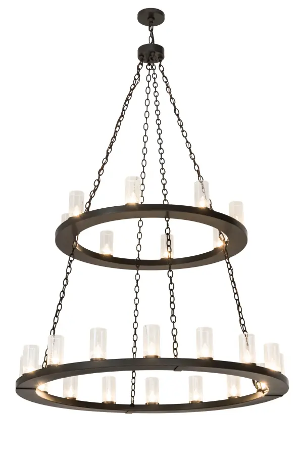 Blending an elegant style with a classic distinguished look; Loxley is custom crafted with 24 Clear Seeded Glass luminaires perched on two smooth; circular rings; which are featured in a Timeless Bronze finish. The chandelier is ideal for illuminating lobbies; conference rooms; entryways and other large residential and commercial spaces. The fixture is handcrafted by highly skilled artisans in the USA; in our manufacturing facility in Yorkville; New York. Custom colors; styles and sizes are available; as well as dimmable energy efficient lamping options such as LED. The fixture is UL and cUL listed for damp and dry locations.