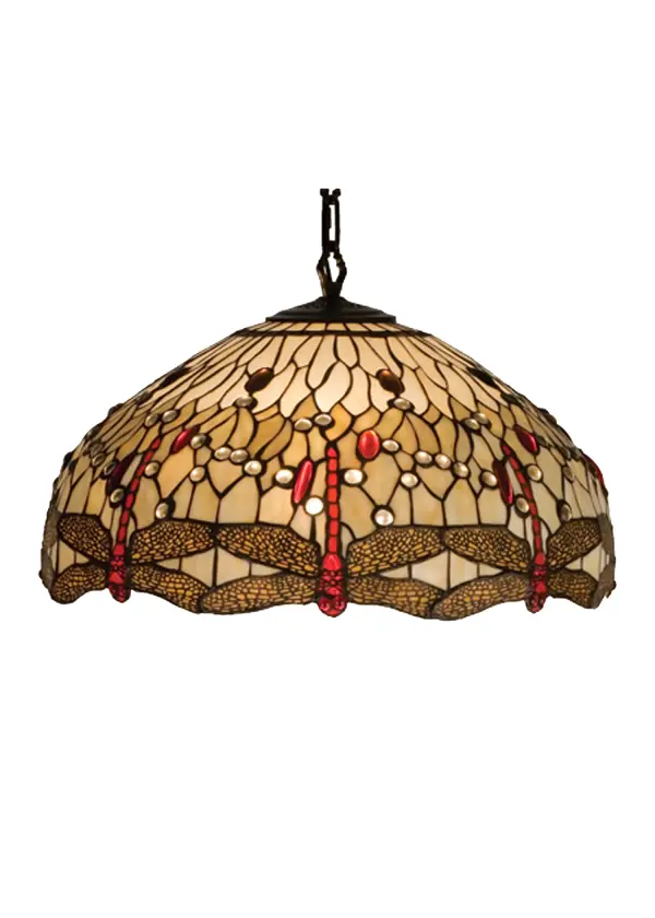 Scarlet dragonflies with glowing jeweled eyes and filigree topped amber wings, dive over a Bone Beige background dappled with Scarlet, Clear and Amber jewels. This inverted pendant is finished in a warm hand applied Mahogany Bronze. Collection: Tiffany Hanginghead Dragonfly Finish: Mahogany Bronze Glass: Ba Fl Width: 22.00" Height: 16.00" Length: 22.00" Weight: 12.00 lb Extension from Wall: 18.00" Number of Bulbs: 3 Maximum Wattage: 60.00 W Bulb Type: A19 Bulb Base: E26 Material: Metal Or Polyresin Country of Origin: CHINA Safety Listing: Dry Safety Rating: Dry