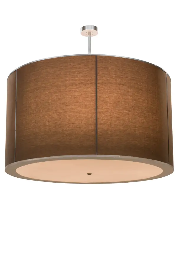 Curvaceous styling combined with a modern casual aesthetic defines this pendant. A Mahogany colored Textrene shade is enhanced with a Statuario Idalight bottom diffuser and hardware featured in a Nickel powdercoat finish. Handcrafted by highly skilled artisans in our manufacturing facility in Yorkville, New York, this impressive ceiling luminaire is available in custom sizes, styles and finishes. This Cilindro Pendant is also offered with dimmable energy efficient lamping options such as LED. The 72-inch wide fixture is UL and cUL listed for dry and damp locations. Collection: Cilindro Finish: Nickel Glass: Amber Mica Width: 72.00" Height: 44.00" Length: 72.00" Weight: 95.00 lb Number of Bulbs: 9 Maximum Wattage: 60.00 W Bulb Type: A19 Bulb Base: E26 Material: Steel Country of Origin: USA Safety Listing: Dry Safety Rating: Dry