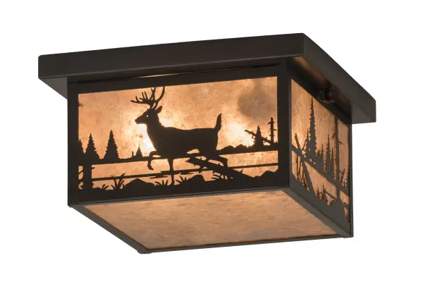Custom crafted of Solid Brass, this striking Craftsman Signature lighting design captures a Deer scurrying alongside a mountain creek with the late afternoon sun lowering in the background.Beautiful ambient lighting shines through stunning Silver Mica, which is enhanced by the decorative accents, frame and matching hardware featured in a warm Craftsman Brown finish. The fixture is handcrafted in the Meyda manufacturing facility, located at the foothills of the Adirondack Mountains.Created for both indoor and outdoor applications.Custom styles, designs, colors and dimmable energy efficient lamping options such as LED are available.The flushmount is UL and cUL listed for damp and wet locations. Collection: Hyde Park Finish: Craftsman Brown Glass: Silver Mica Width: 17.00" Height: 6.50" Length: 12.25" Weight: 5.00 lb Extension from Wall: 5.50" Number of Bulbs: 2 Maximum Wattage: 60.00 W Bulb Type: A19 Bulb Base: E26 Material: Steel Country of Origin: USA Safety Listing: Wet Safety Rating: Wet